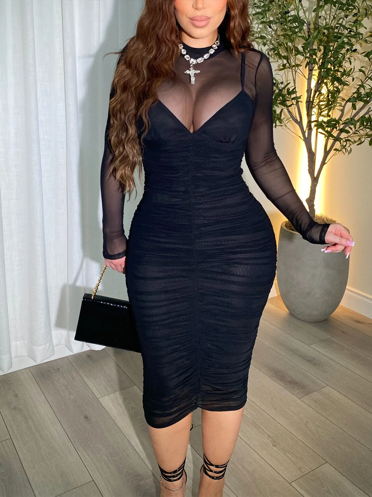 Mesh Splicing Breathable Long Sleeved Tight Dress