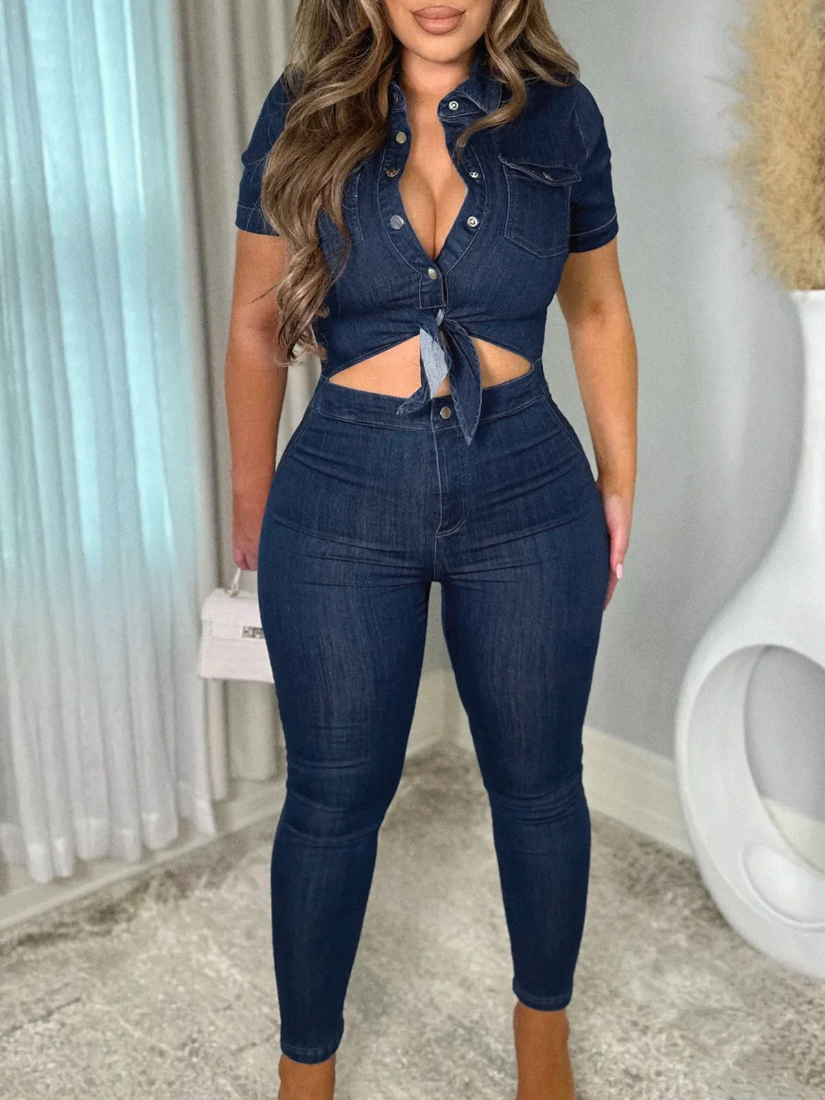 Women Lapel Hollow Out Skinny One Piece Jeans Romper Denim Jumpsuit