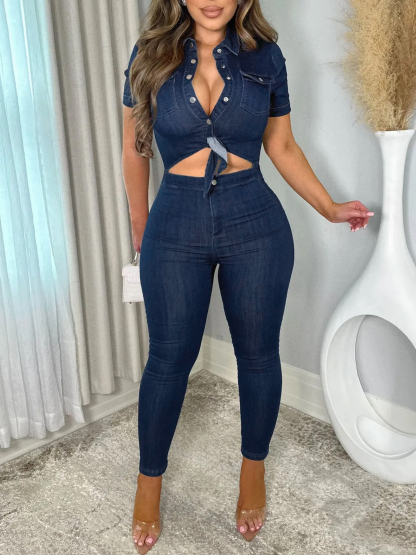 Women Lapel Hollow Out Skinny One Piece Jeans Romper Denim Jumpsuit