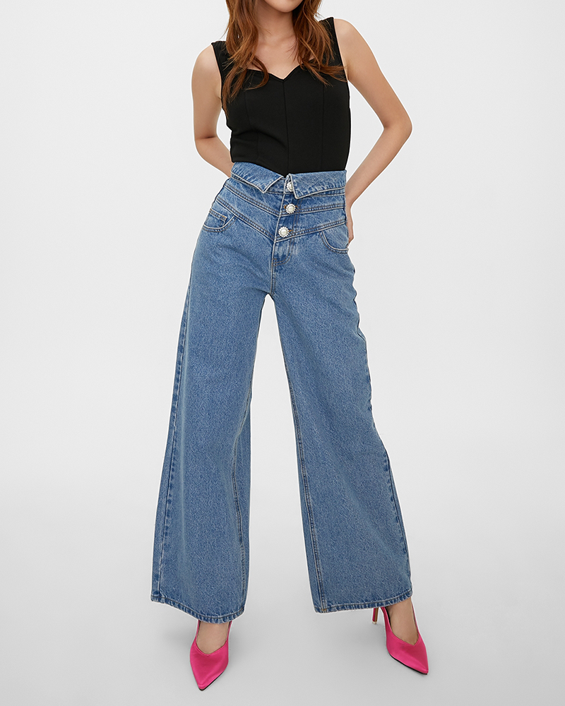 High-Waisted Buttons Jeans - Blue