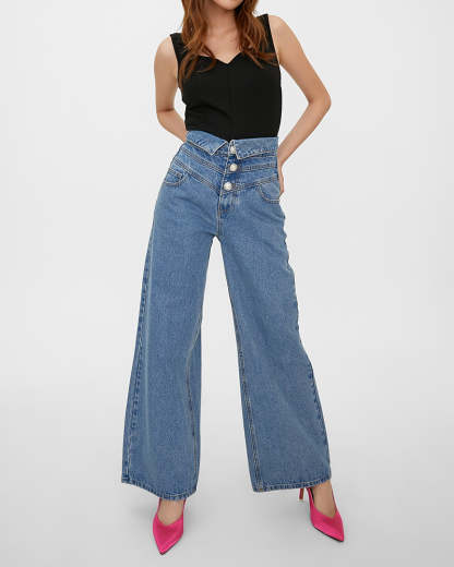 High-Waisted Buttons Jeans - Blue