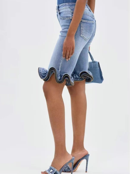 High Waisted Lace Denim Shorts