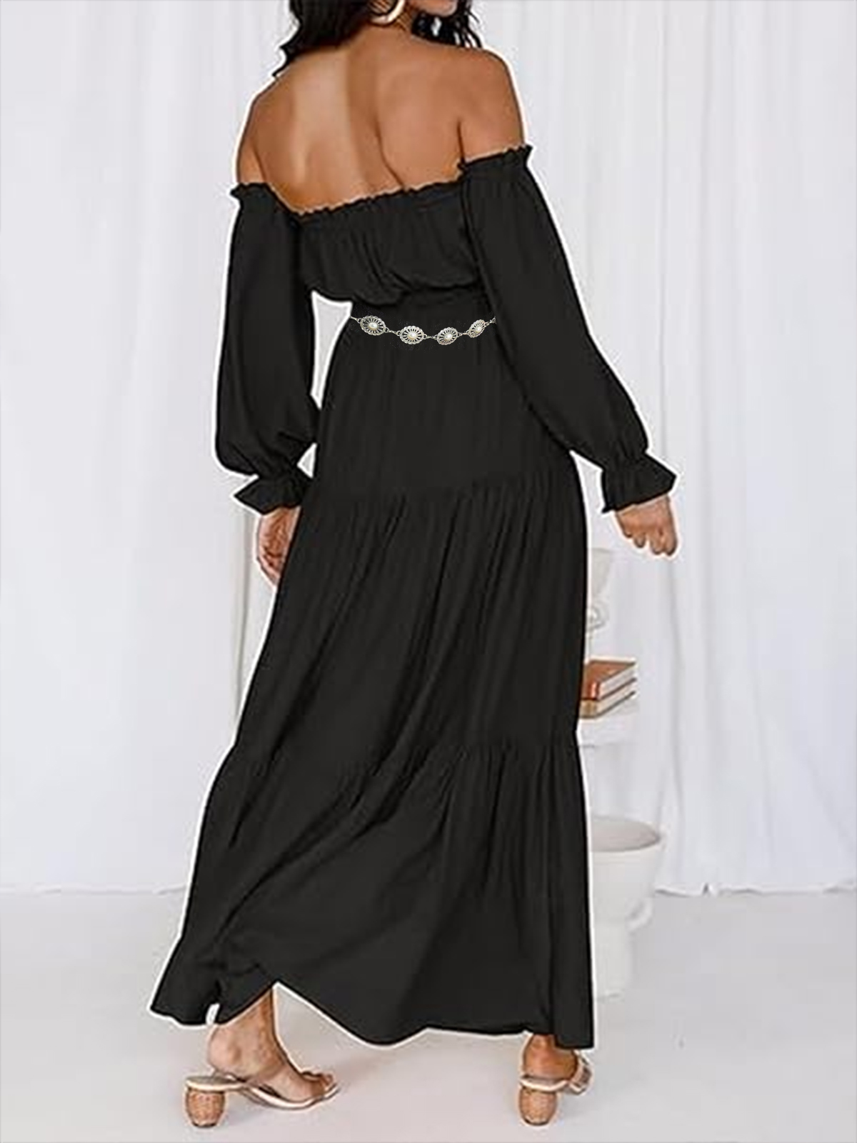 Women's Boho Sexy Off Shoulder Long Sleeve Maxi Dress High Waist Side Split A Line Tiered Long Dresses