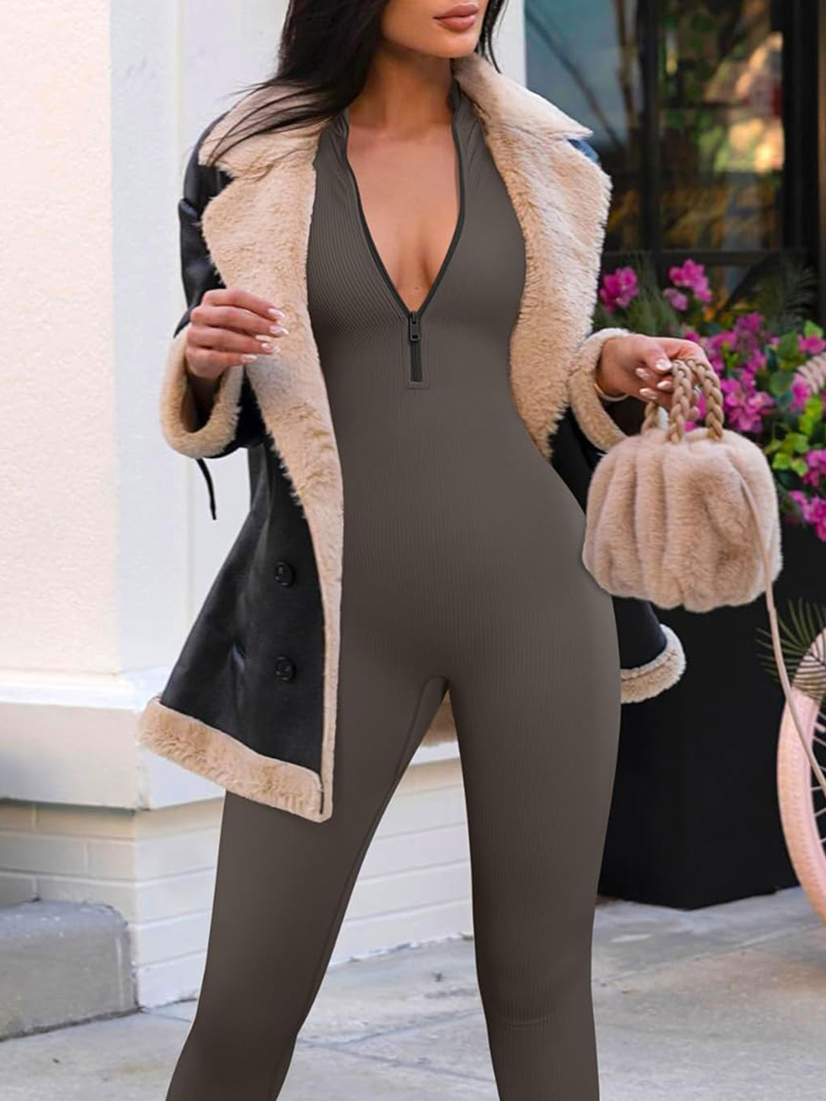 Yoga Jumpsuits Workout Ribbed Long Sleeve Zip Front Sport Jumpsuits