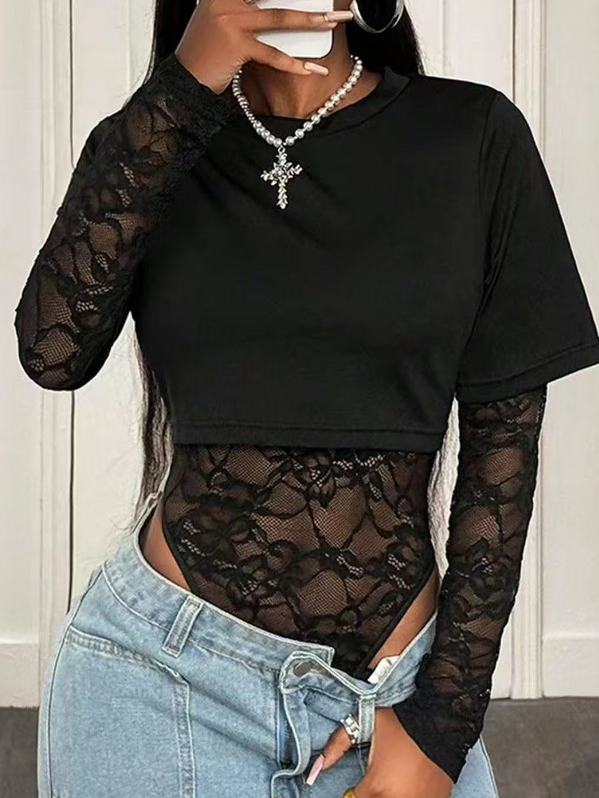 Women's Black Lace Long Sleeved Faux Two Piece Bodysuit