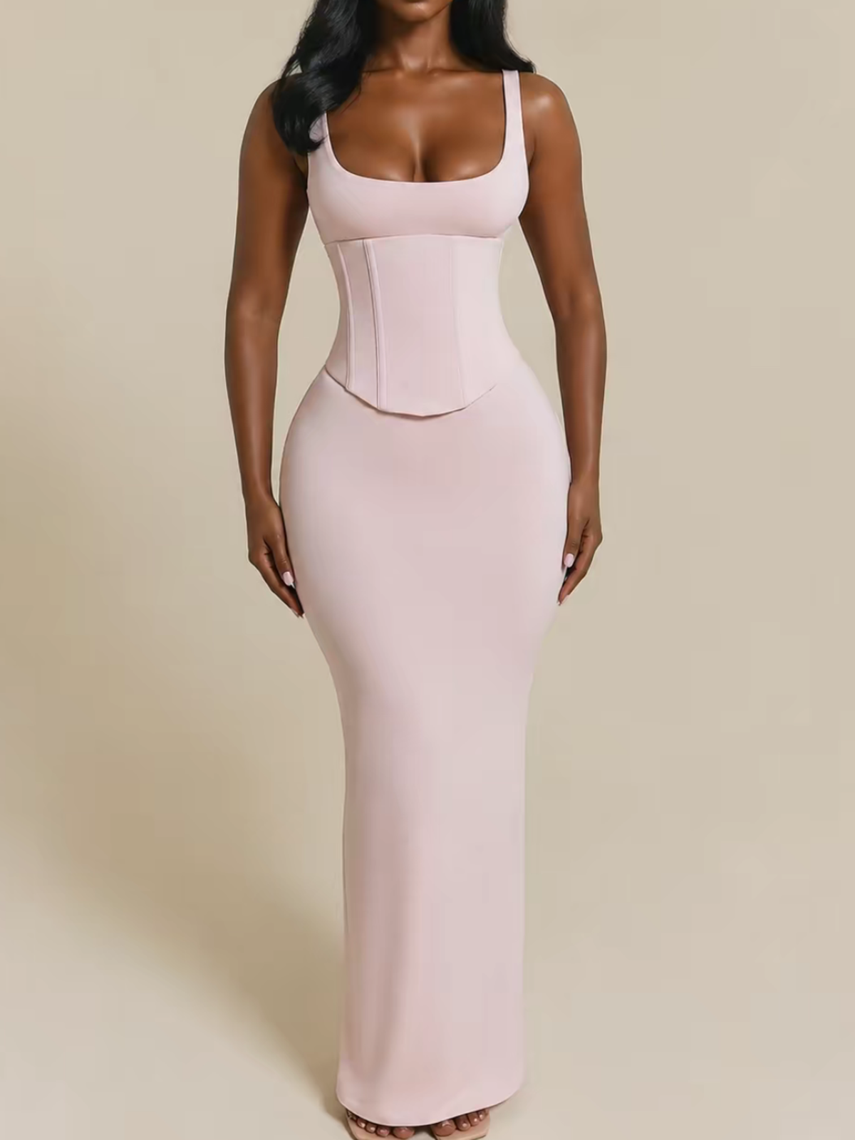 Form Fitting Maxi Dress Paired With a Lace Up Waist Cincher