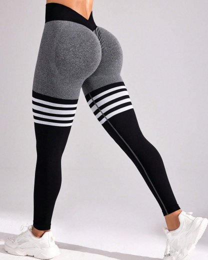 High Waist Back V Butt Lifting Fitness Striped Yoga Leggings