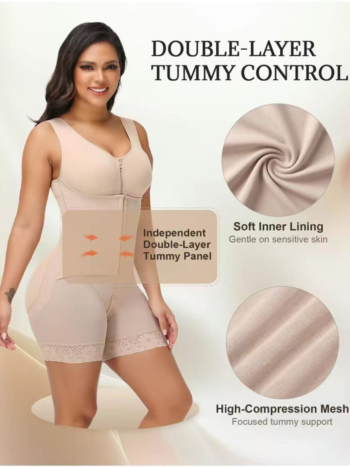 Faja Compression Shapewear For Women Double Layer Fabric Built In Bra Adjustable Straps Zipper Crotch Breathable