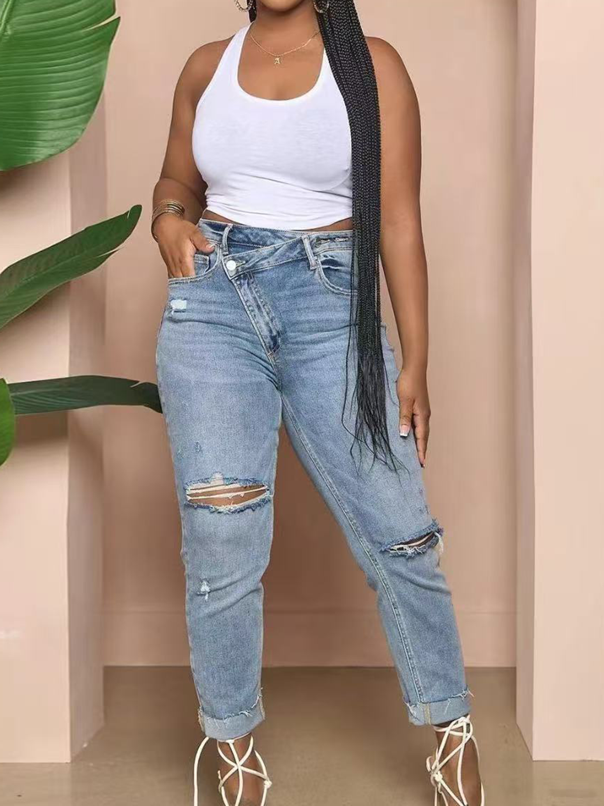 Summer Women's Popular High Waisted Slim Fit Jeans With Bevel Buckle