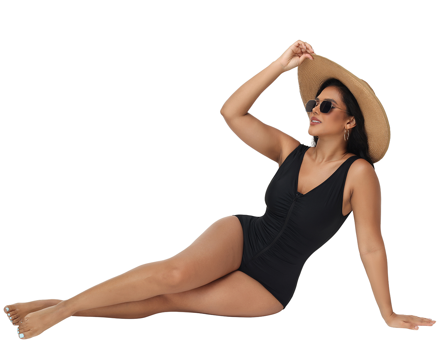 V Neck Zippered Triangle Bodycon Swimsuit