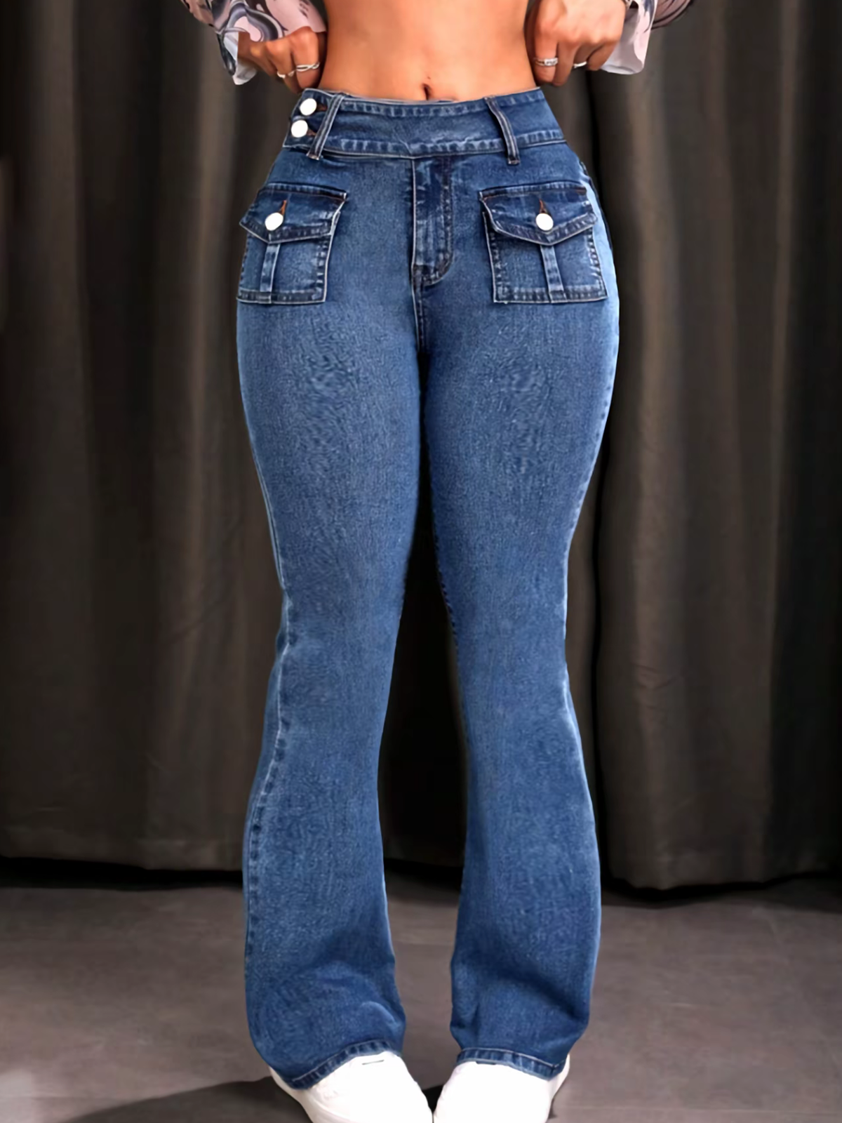 Button Detail High Waist Stretch Flare Jeans