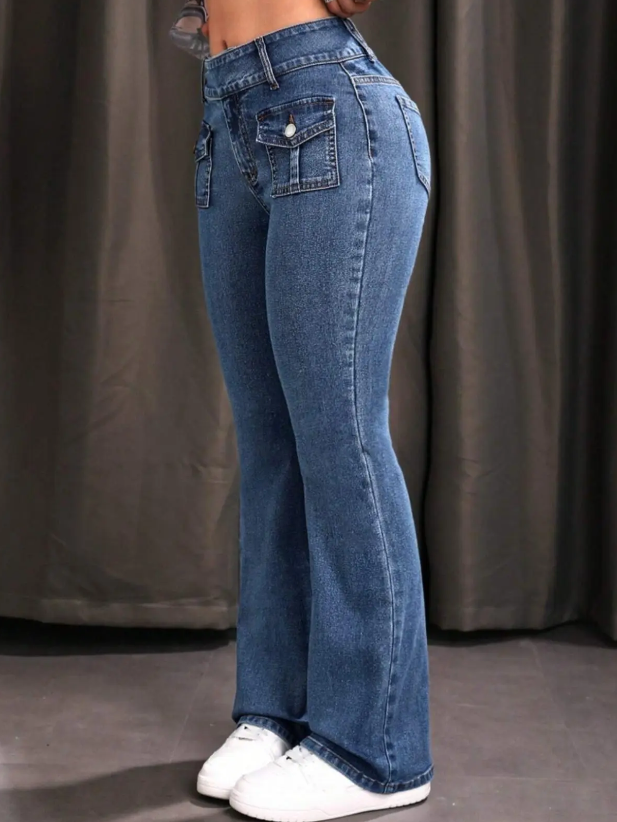 Button Detail High Waist Stretch Flare Jeans