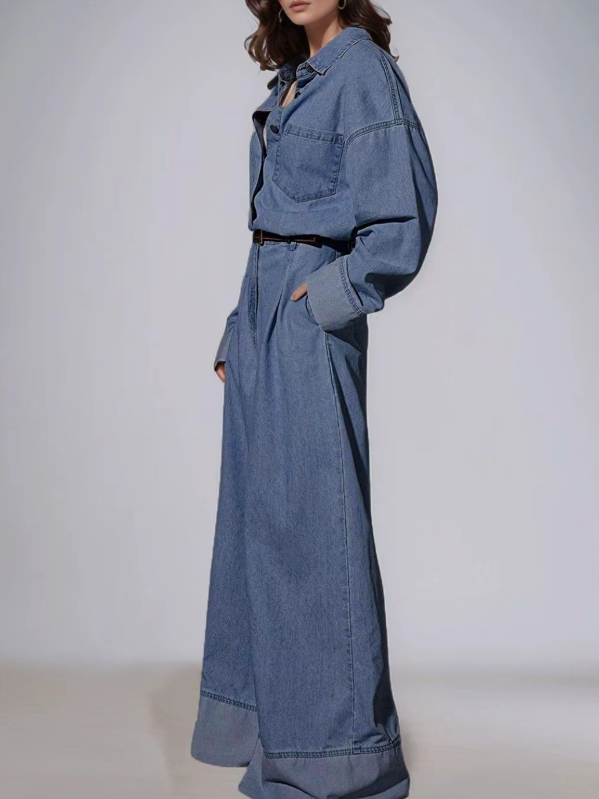 Women's Beltless Wide Leg Denim Jumpsuit With Pockets
