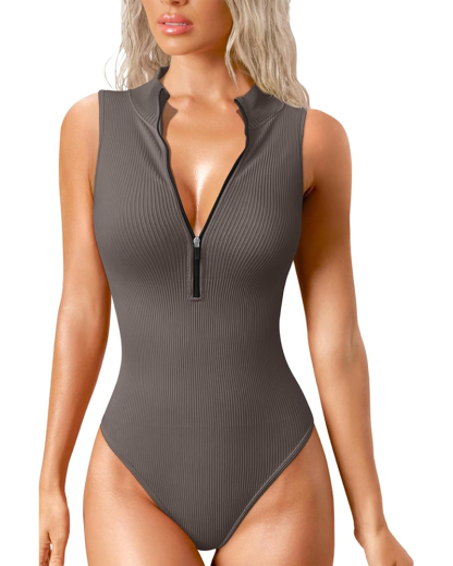 Sexy Ribbed Stretch Sleeveless Front Zipper Bodusuits