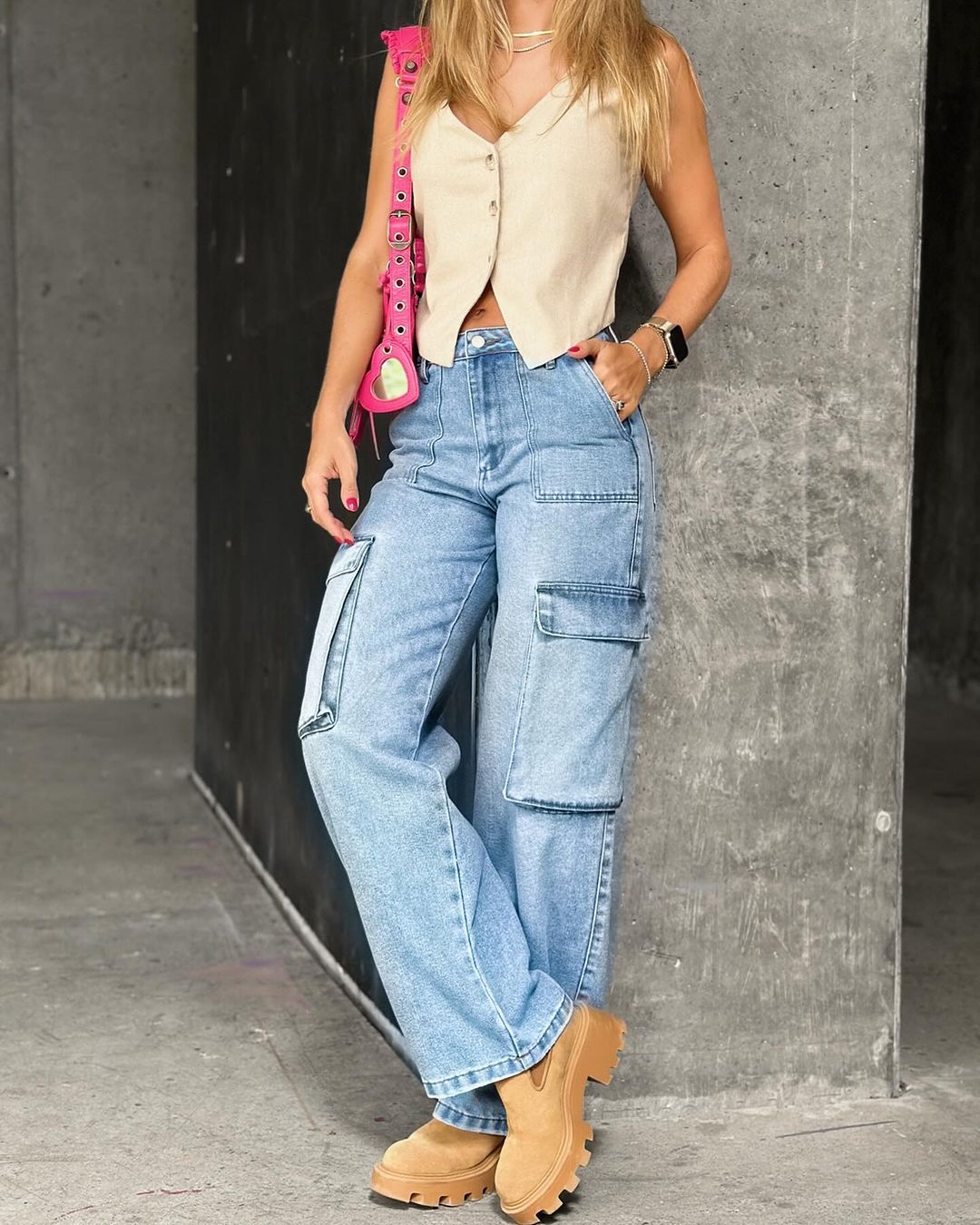 Rigid Straight Leg Cargo Jean Medium Light Blue