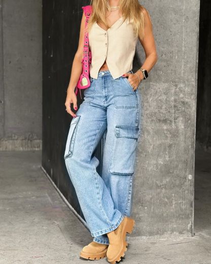 Rigid Straight Leg Cargo Jean Medium Light Blue