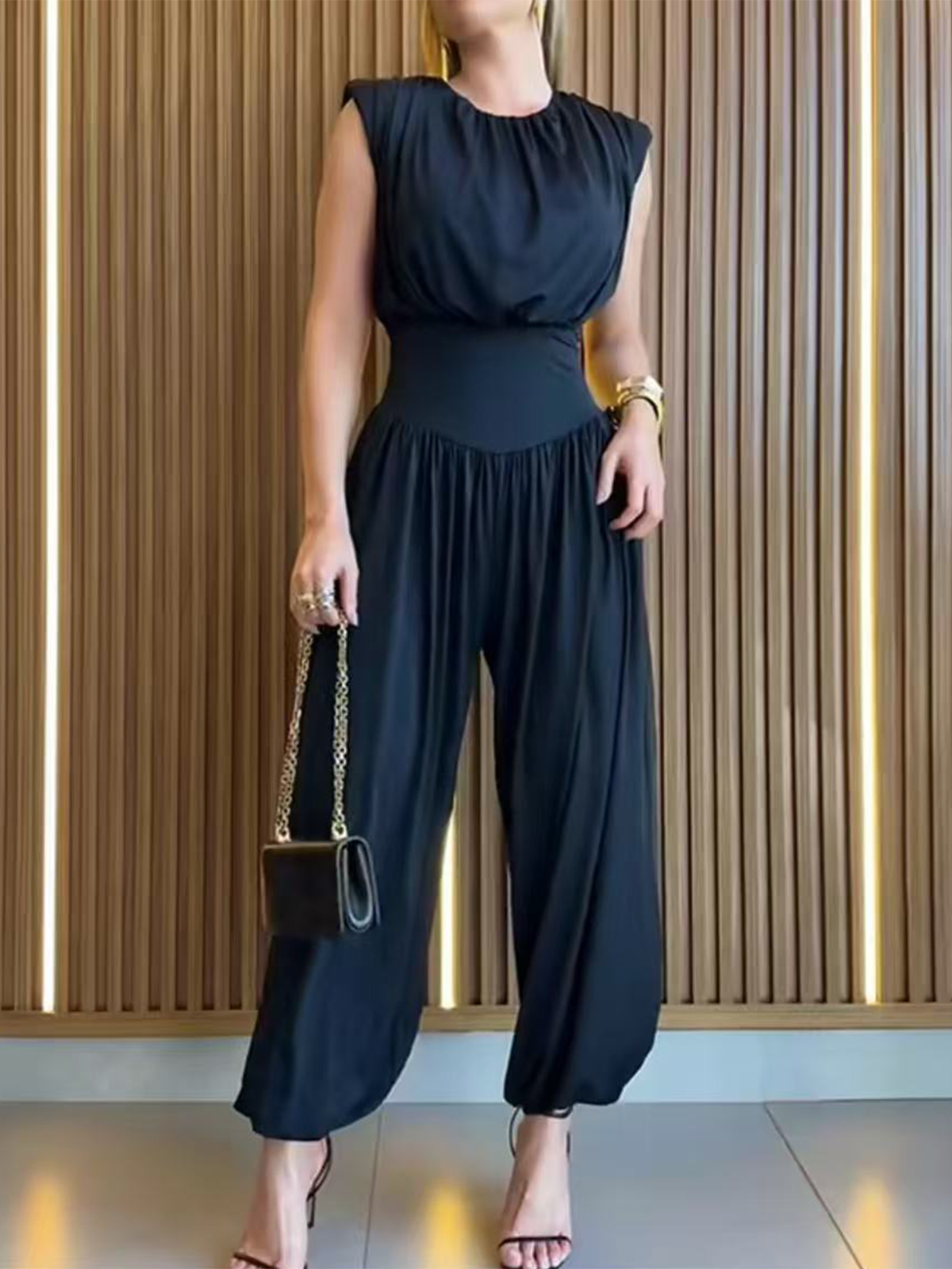 Women's Sleeveless Fitted Waist Open Back Pleated Side Slit Jumpsuit