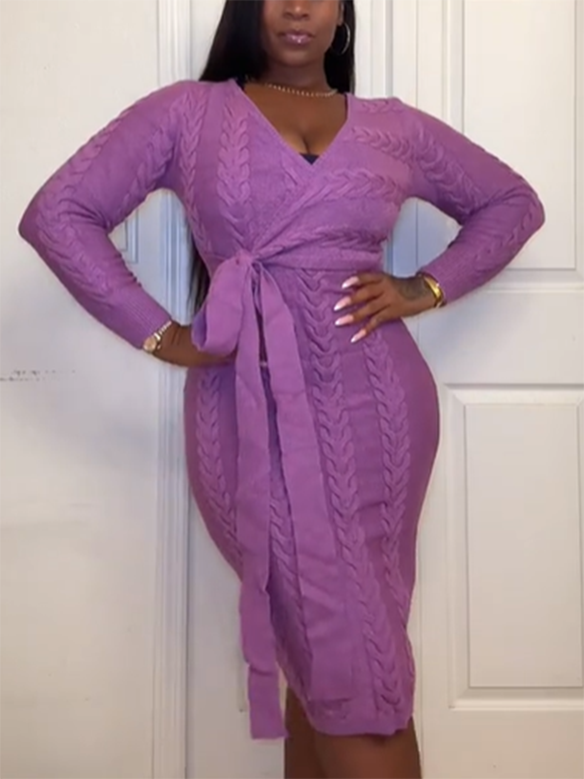 Deep V Neck Textured Long Sleeved Midi Length Knitted Dress With A Fitted Waist