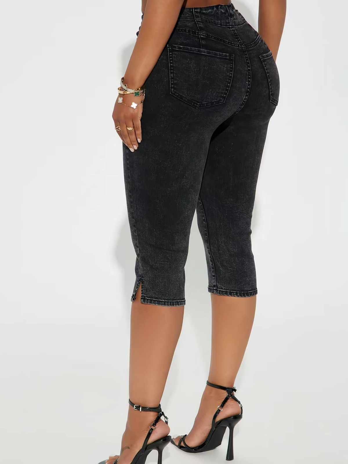Black Washed Drawstring Stretch Denim Top And Capri Pants Two Piece Set