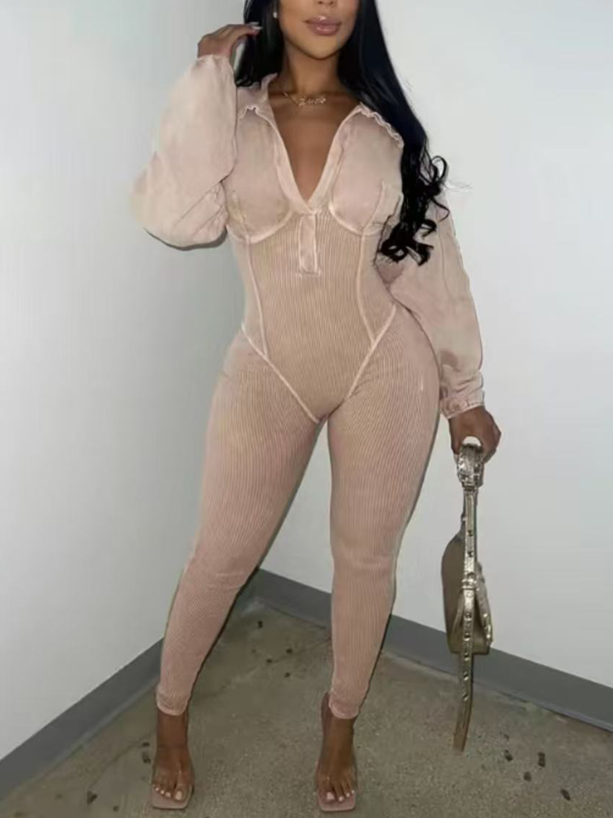 Women's V Neck Ribbed Slim Fit Washed Distressed Jumpsuit