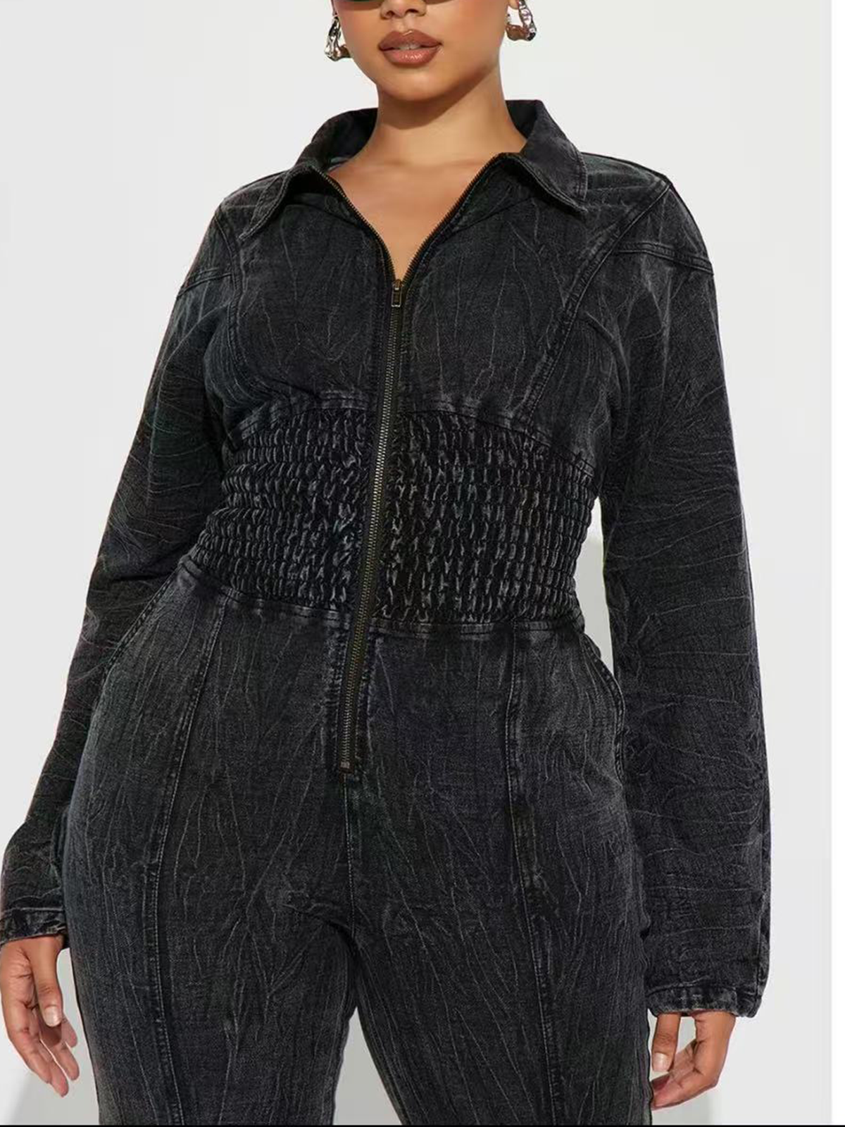 Long Washed Denim Jumpsuit With Widened Belly And Elastic Waist
