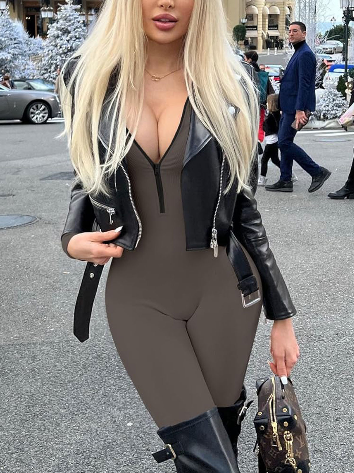 Yoga Jumpsuits Workout Ribbed Long Sleeve Zip Front Sport Jumpsuits