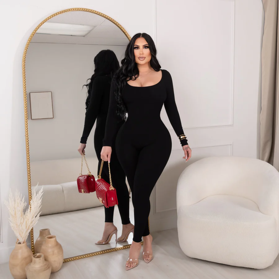 Long Sleeve Round Neck Bodysuit Snatched Jumpsuit
