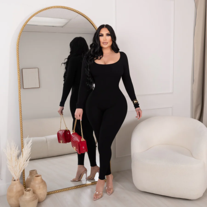 Long Sleeve Round Neck Bodysuit Snatched Jumpsuit