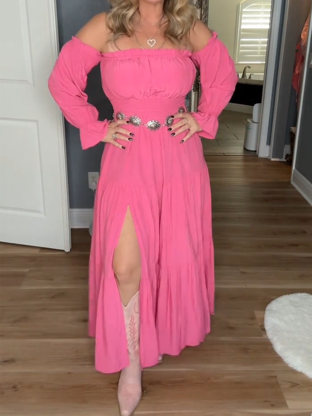 Women's Boho Sexy Off Shoulder Long Sleeve Maxi Dress High Waist Side Split A Line Tiered Long Dresses