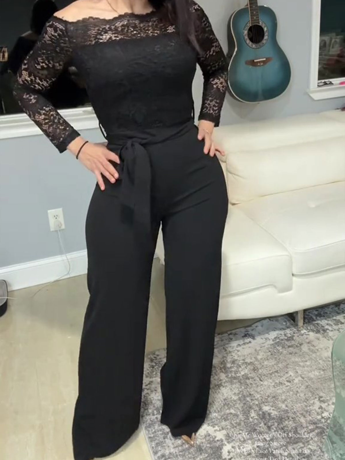 Off Shoulder Lace Patch Slim Fit Jumpsuit Tied Detail Casual Overalls