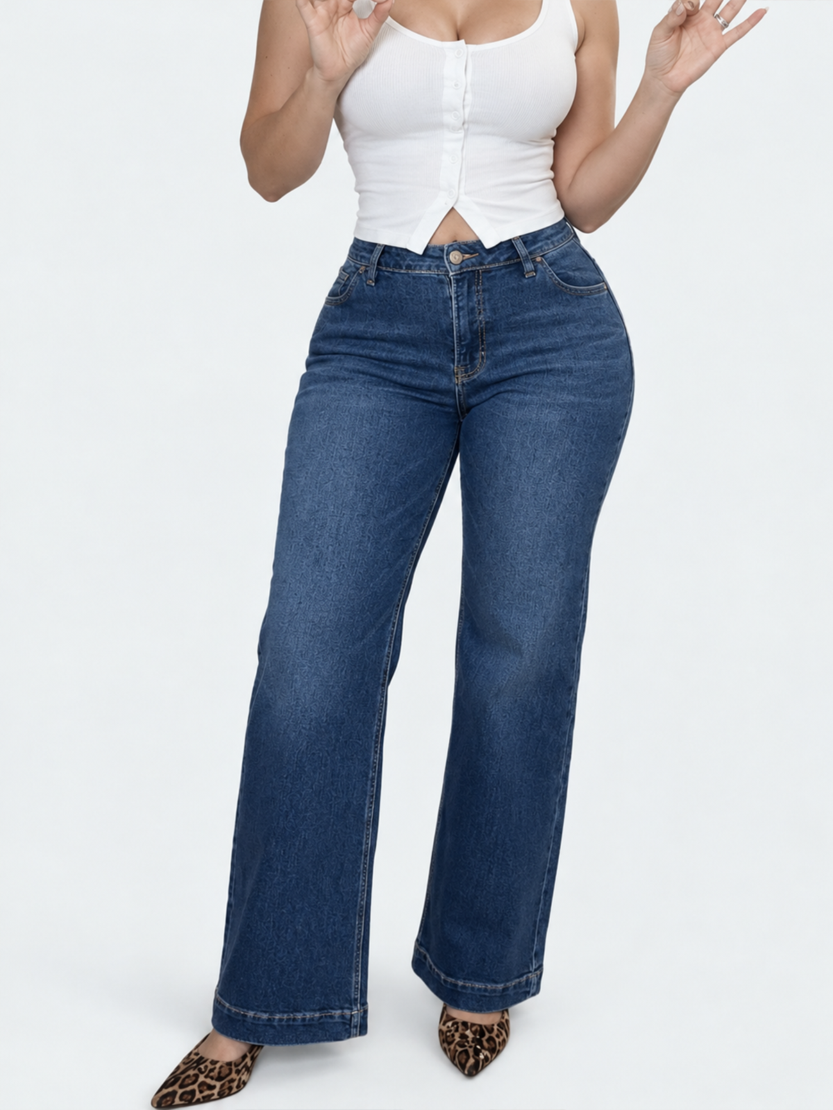 High Waisted Straight Leg Jeans Casual Blue Denim Pants Stretchy Classic Trouser