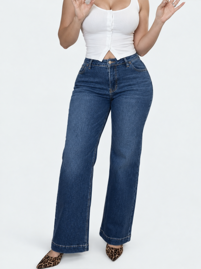 High Waisted Straight Leg Jeans Casual Blue Denim Pants Stretchy Classic Trouser