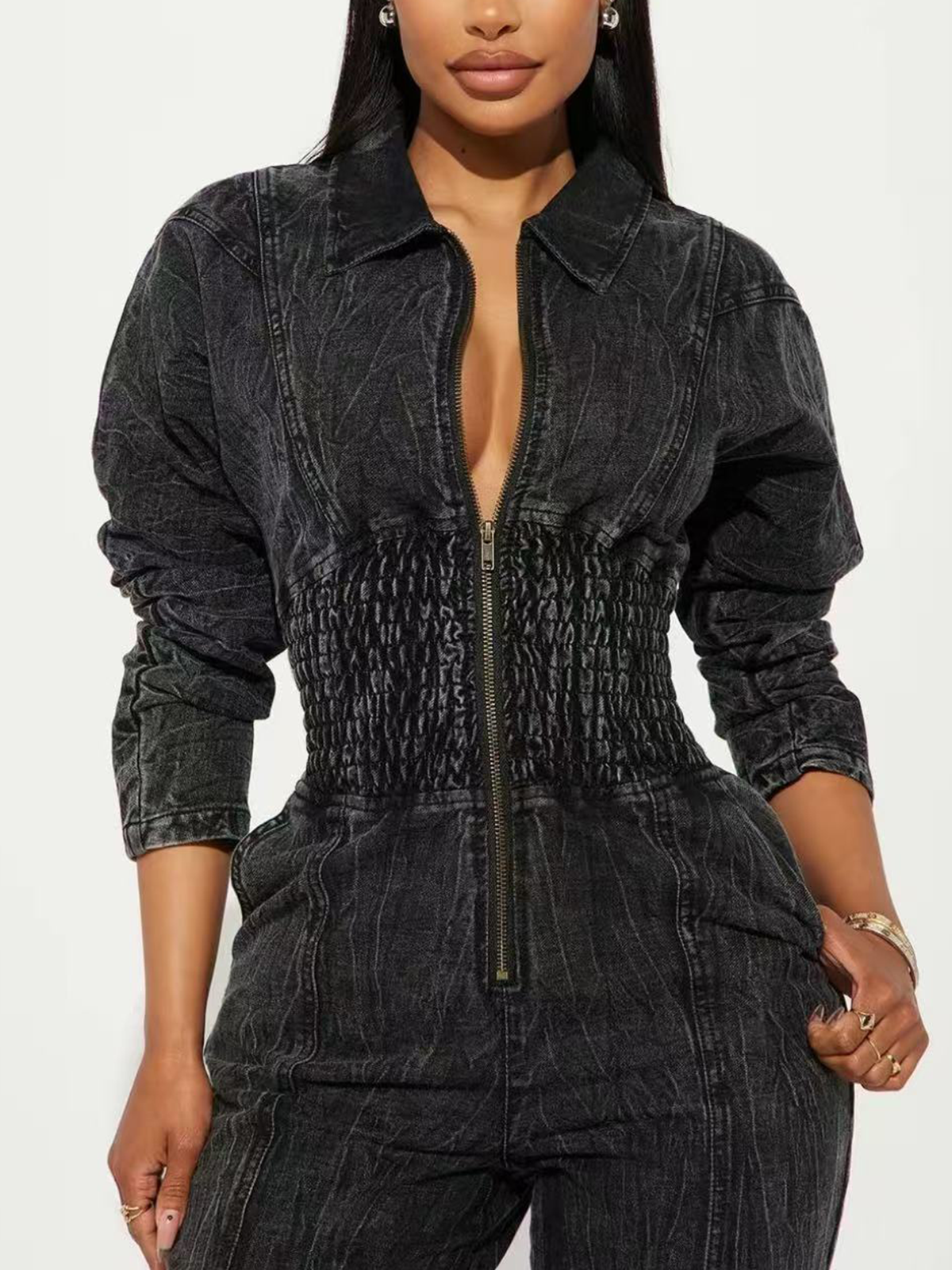 Long Washed Denim Jumpsuit With Widened Belly And Elastic Waist