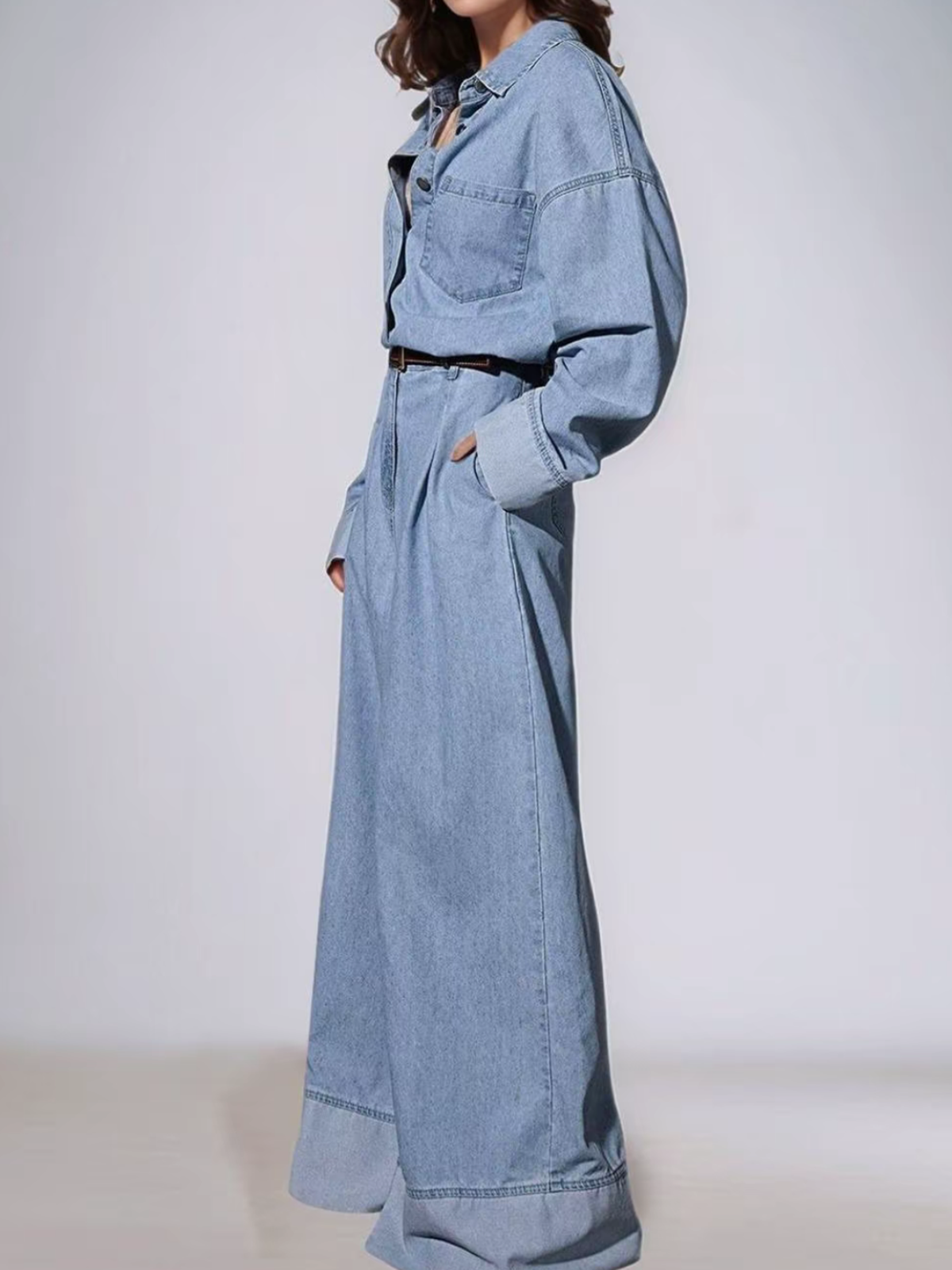 Women's Beltless Wide Leg Denim Jumpsuit With Pockets