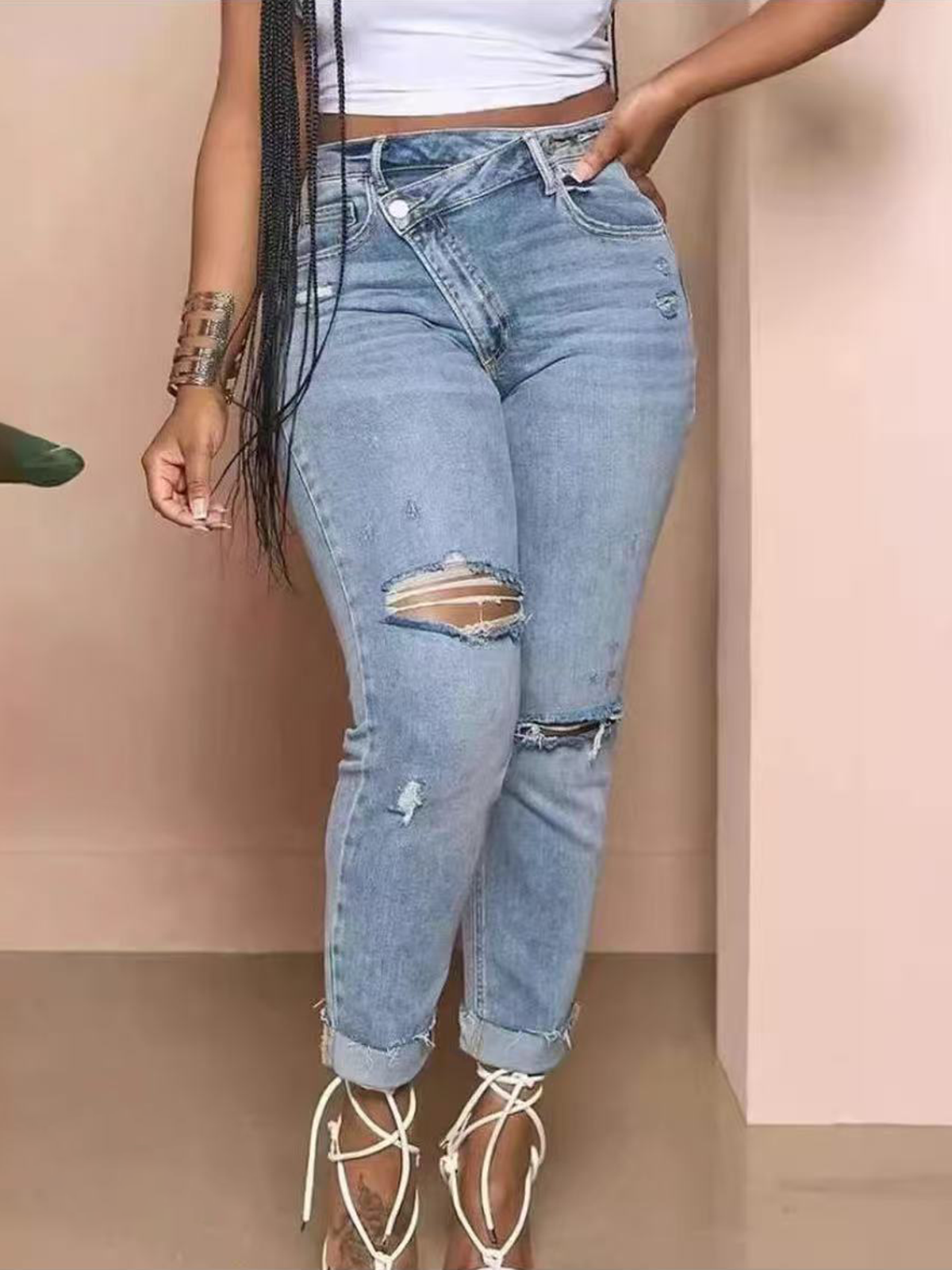 Summer Women's Popular High Waisted Slim Fit Jeans With Bevel Buckle