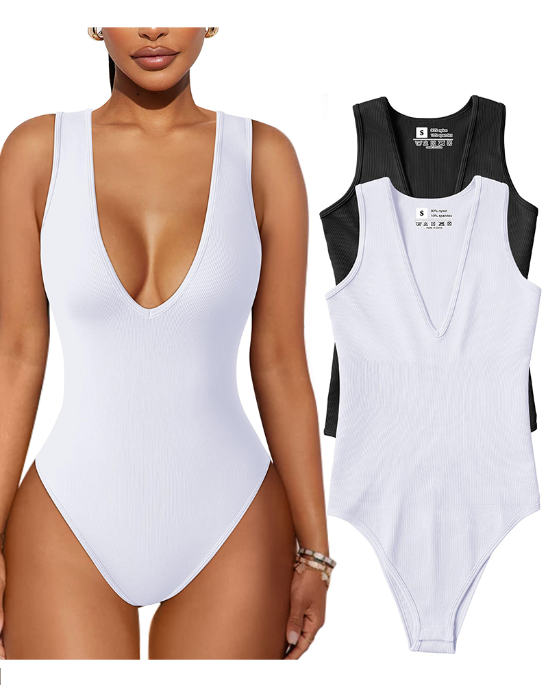 Deep V Neck 2pc Ribbed Leotard Bodysuit Tops-ChicCurve