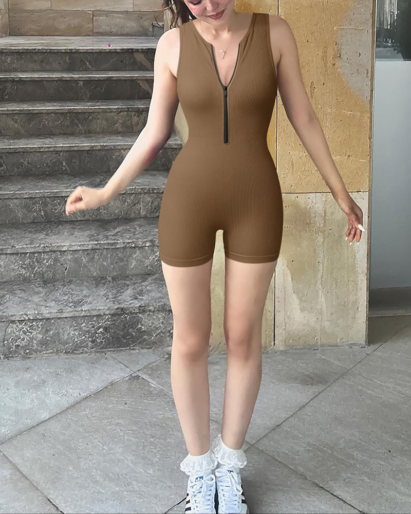 Sleeveless Zippered Ribbed Jumpsuit