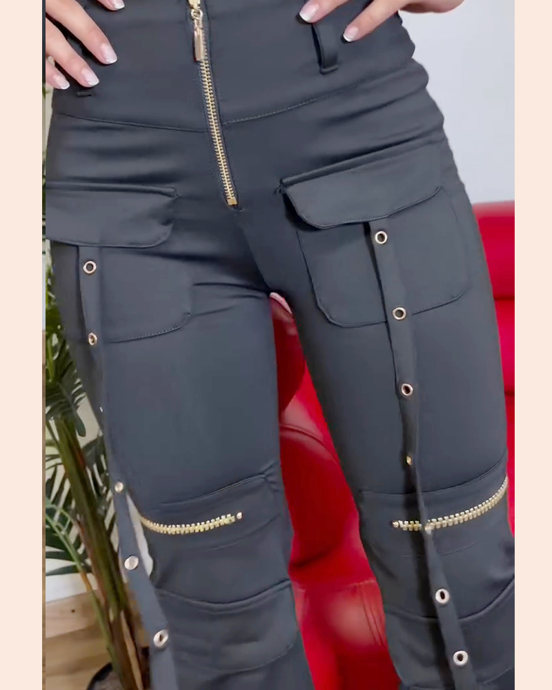 Front Zip Slim Butt Lifting Cargo Jeans