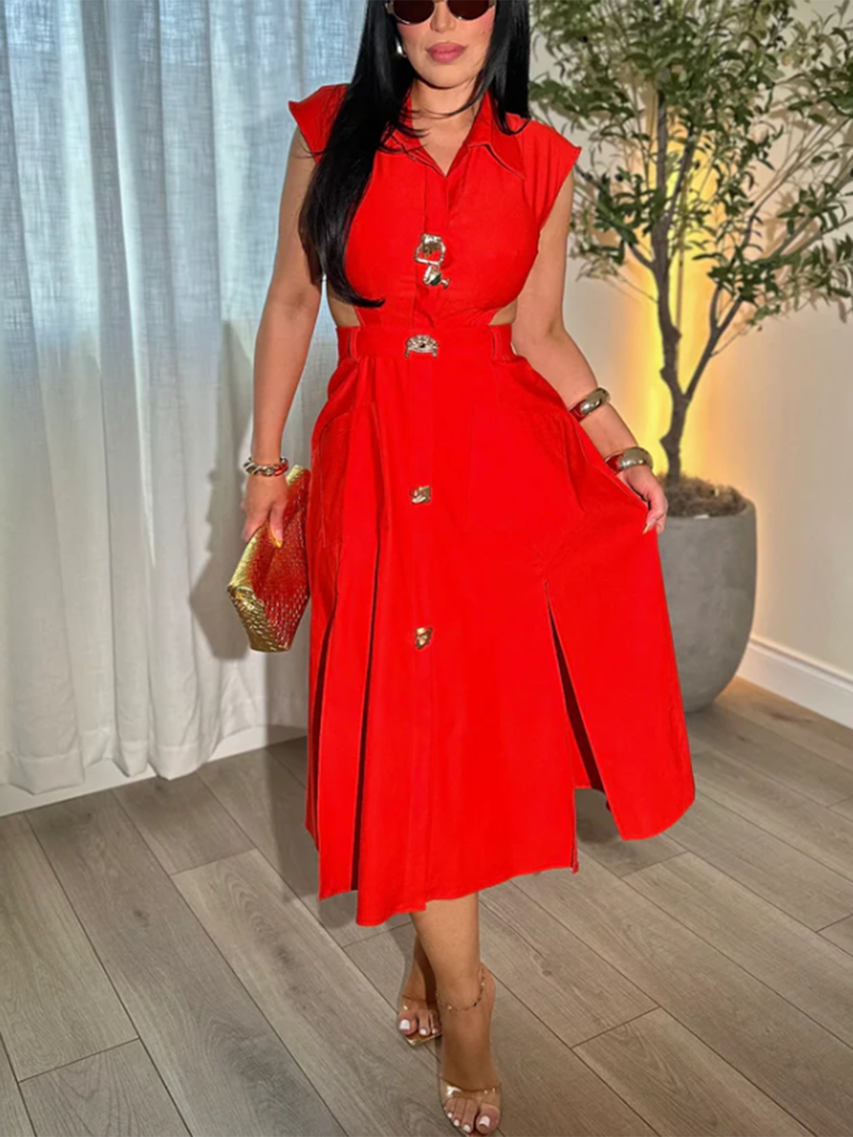 Business Suit Sleeveless Shirt Collar Dress Waist Hollow Design Long Skirt