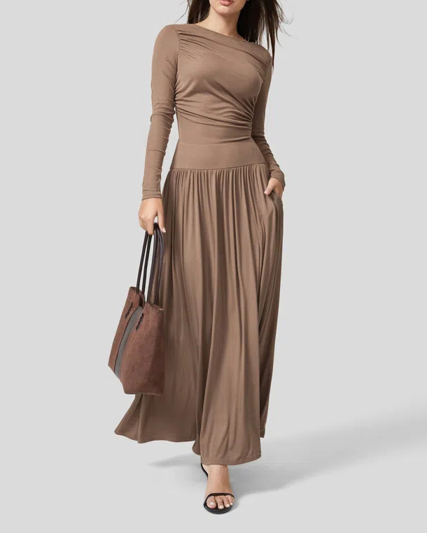 Ribbed Boat Neck Ruched Side Pocket Flowy Maxi Casual Dress