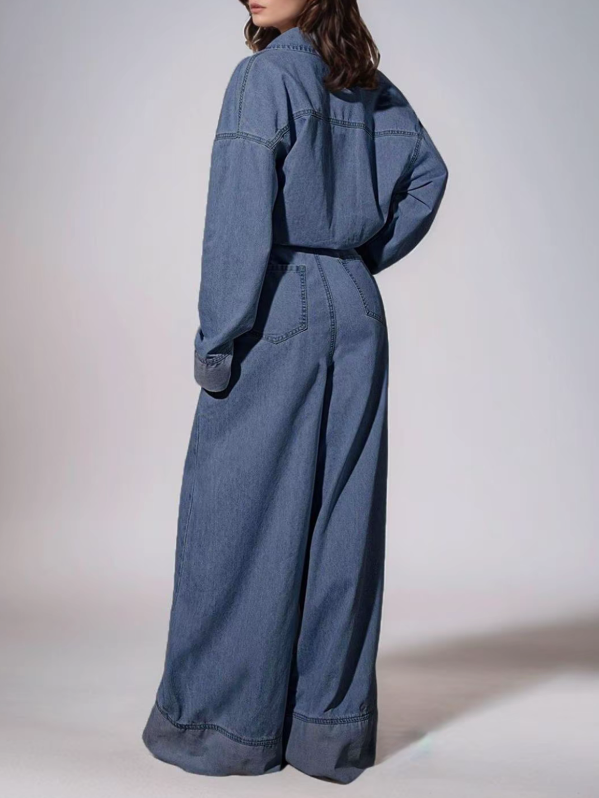 Women's Beltless Wide Leg Denim Jumpsuit With Pockets