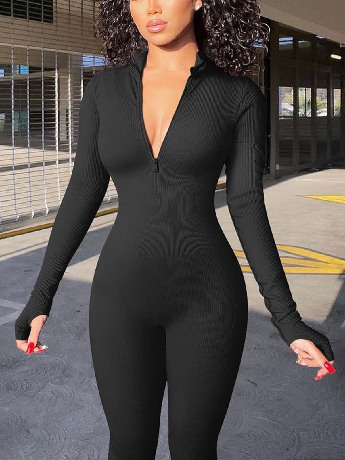 Yoga Jumpsuits Workout Ribbed Long Sleeve Zip Front Sport Jumpsuits