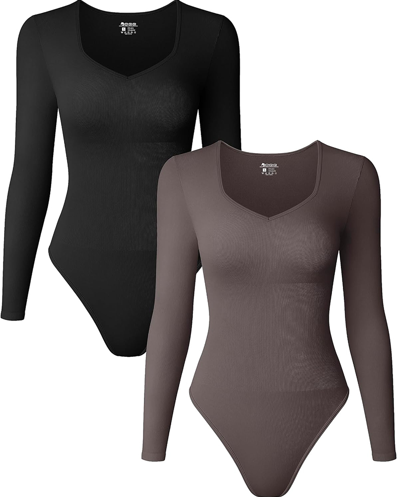 Sweetheart V Neck Ribbed Long Sleeve Bodysuit