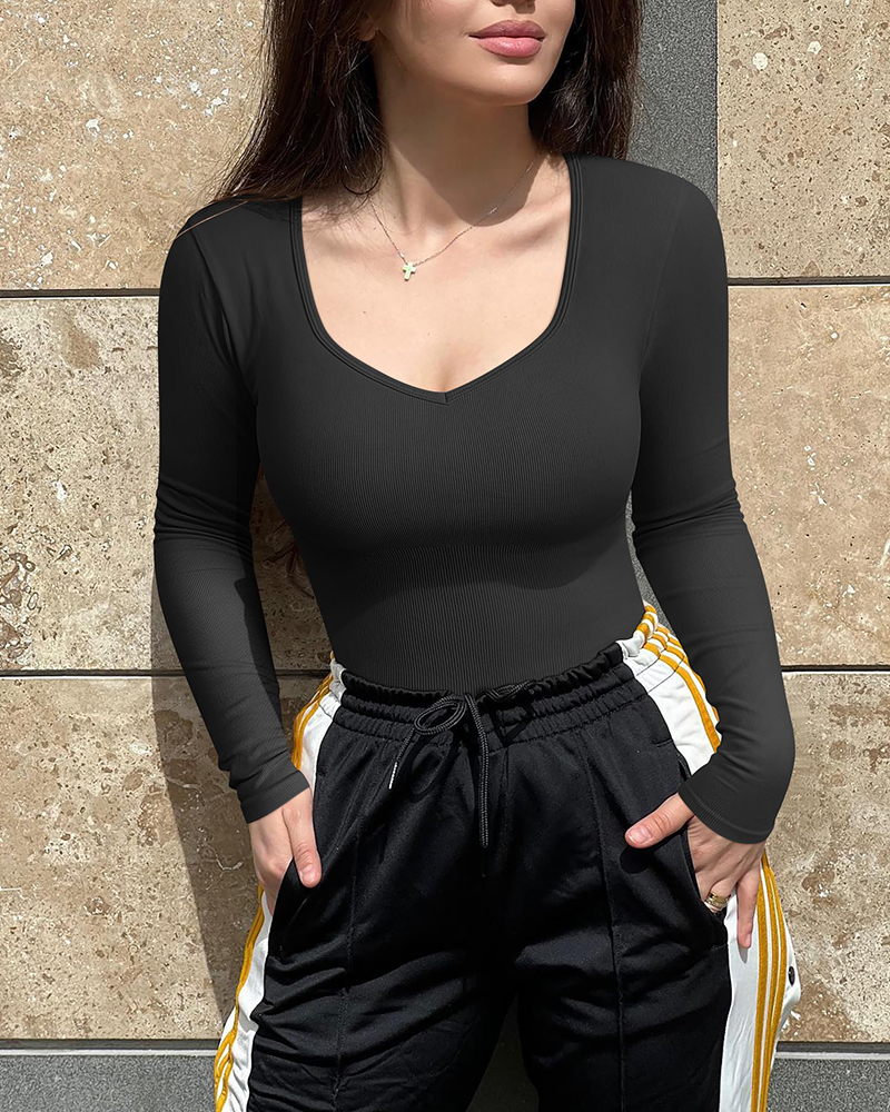 Sweetheart V Neck Ribbed Long Sleeve Bodysuit-ChicCurve