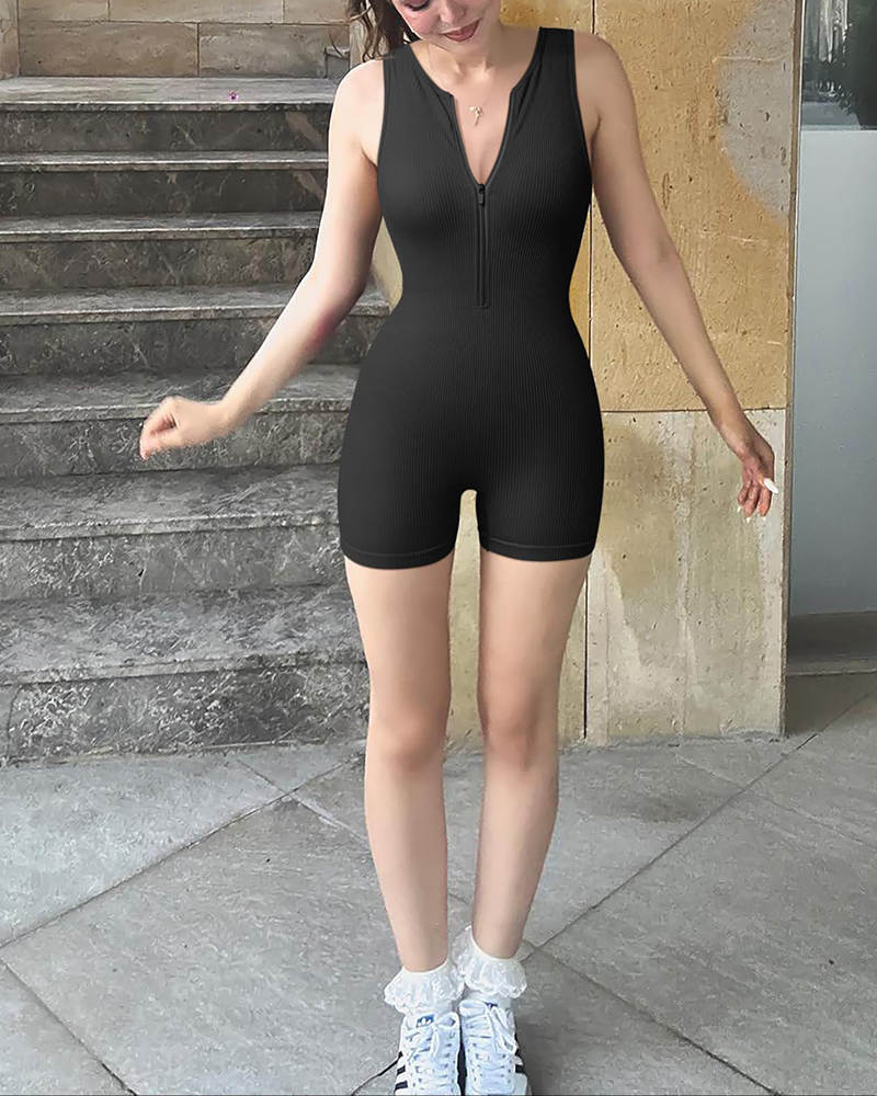 Sleeveless Zippered Ribbed Jumpsuit