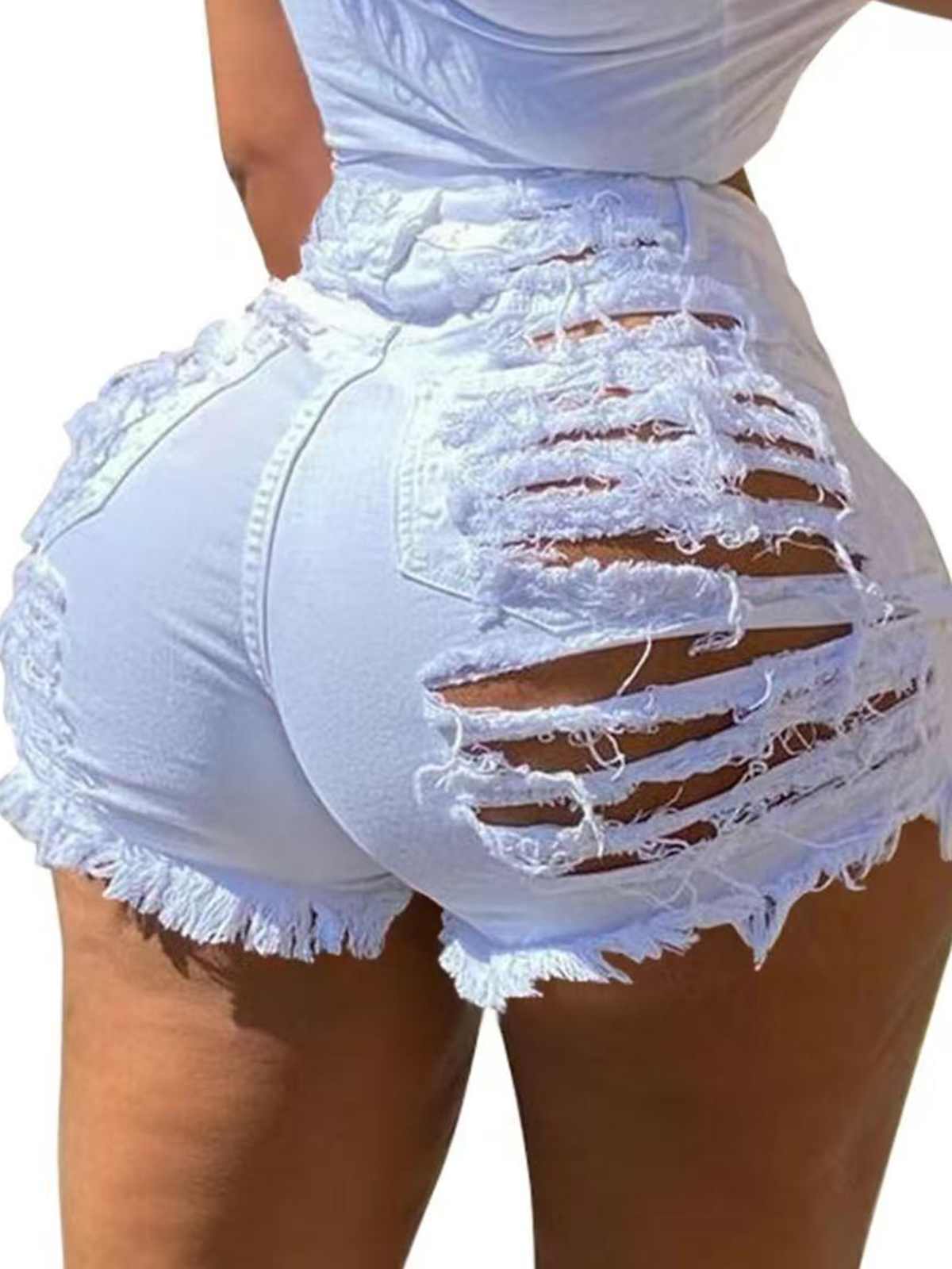 Women's sexy summer waistband ripped jeans shorts frayed denim.
