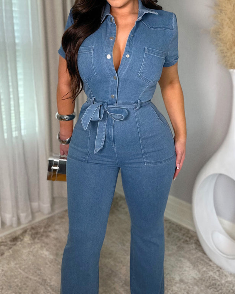 Denim Short-Sleeve Jumpsuit With Waist Tie