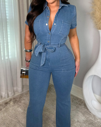 Denim Short-Sleeve Jumpsuit With Waist Tie