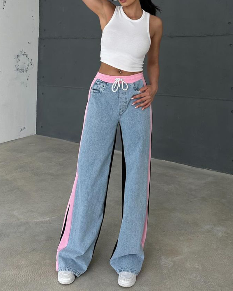 Women’s Jeans with Patchwork Stripes High Waist Loose Denim Color Block Jean Straight Wide Leg Pants