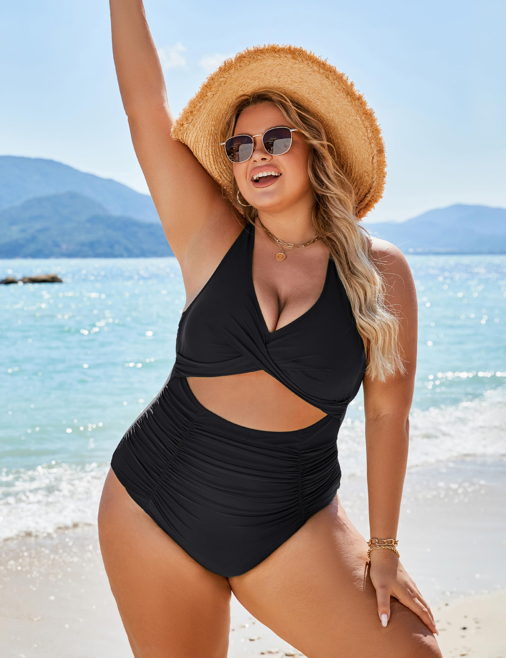 Tummy Control Bathing Suits V Neck Cutout Modest Swim Suits